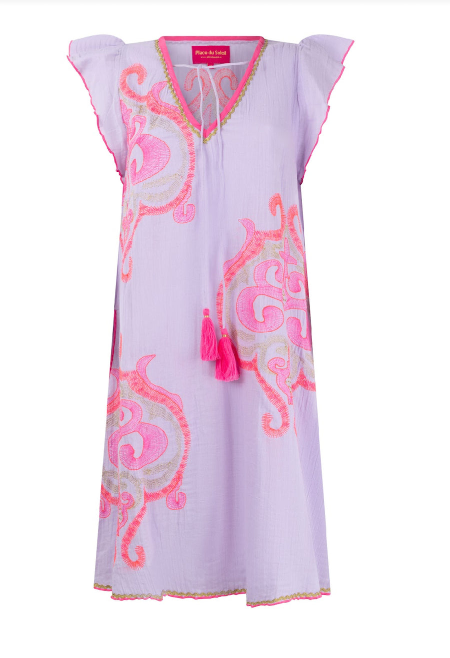 S24123 Light purple short Dress with Embroidery in neon Pink